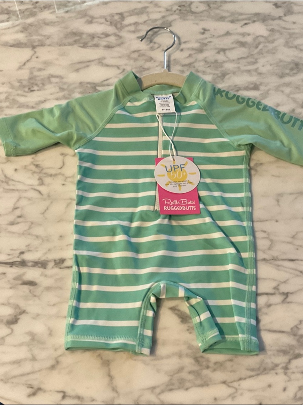 Rugged Butts Girls Mint Green & White Striped UPF 50+ Rashguard Swimsuit